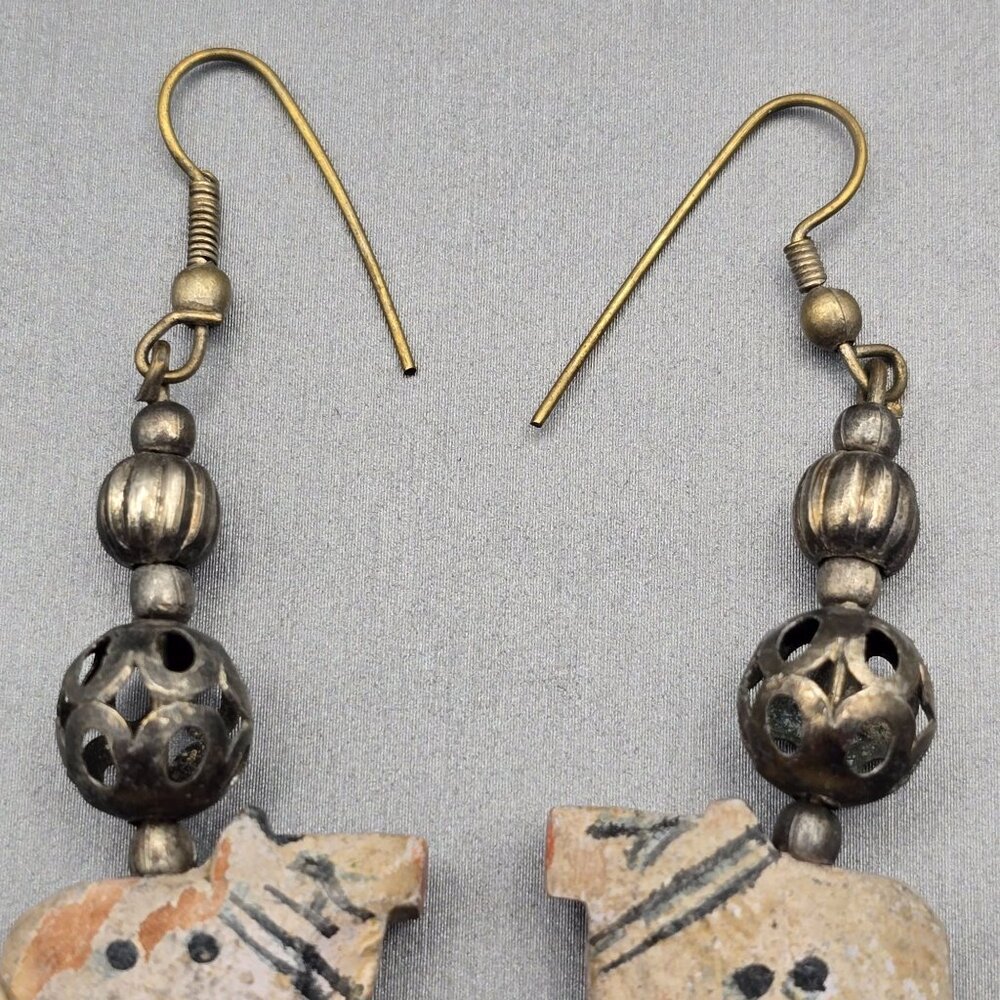 VTG Elephant Dangle Earrings 2.25" Carved Wood & Antique-Style Silver Beads - Picture 8 of 11